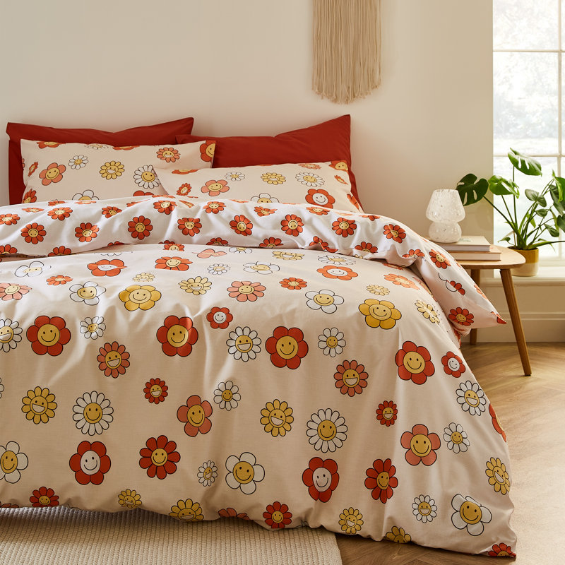 Groovy Floral Reversible Duvet Cover Set Cotton Blend Floral Duvet Cover Set with Pillowcases, 230 x 220 cm