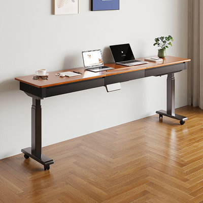 Brown + Black Rectangular Hight adjustable Solid Wood + Cold Rolled Steel with 2 drawers desk