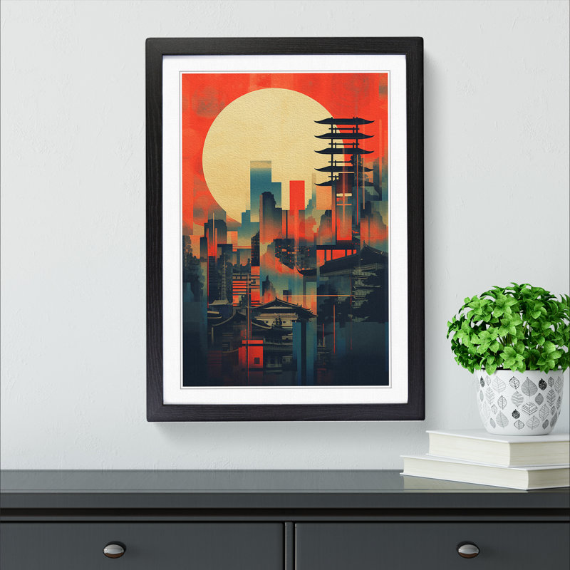Japanese Sunset Constructivism - Framed Print, 64cm H x 46cm W x 2cm D, Black