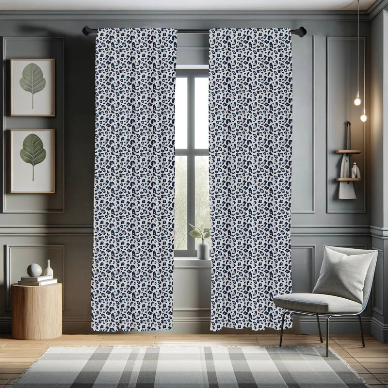 Leopard Print Blue and White Polyester Rod Pocket Curtain Panels, 84"
