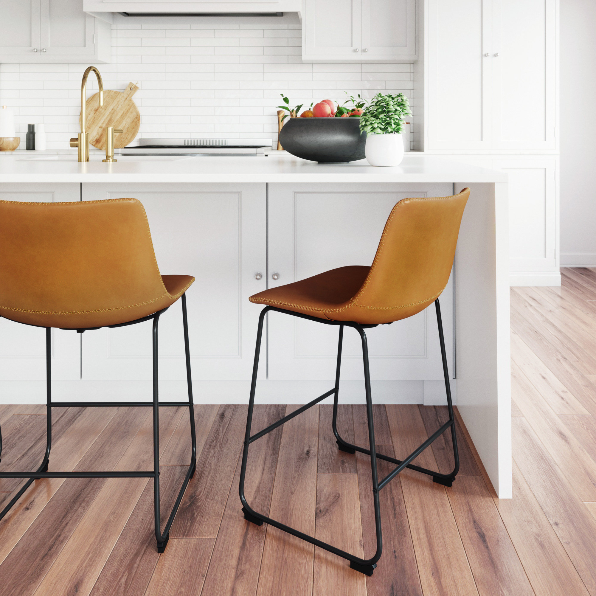 Nia Vegan Leather Bar & Counter Stool, Counter Stool (24" Seat Height), Black, Light Brown