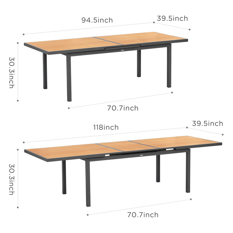 Heck Rectangular Outdoor Dining Set with Extension Tabletop, 30.3" H x 118" W x 39.5" D, Dark Charcoal, 10