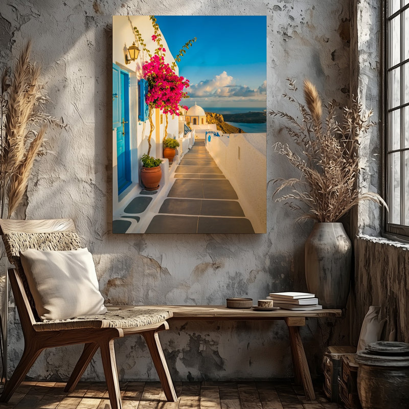 Reproduction d'art sur toile, "Ruelle pittoresque à Santorin en Grèce" encadrée de bâtiments blanchis à la chaux