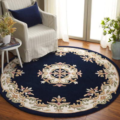 Steller Aubusson Hand Tufted Wool/Cotton Floral Rug in Ivory/Navy