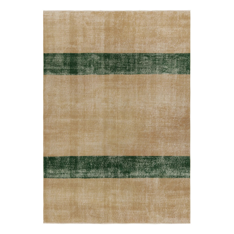 Vintage Zeki Müren Rug, Beige With Green Striped Minimalist Design - Rug & Kilim