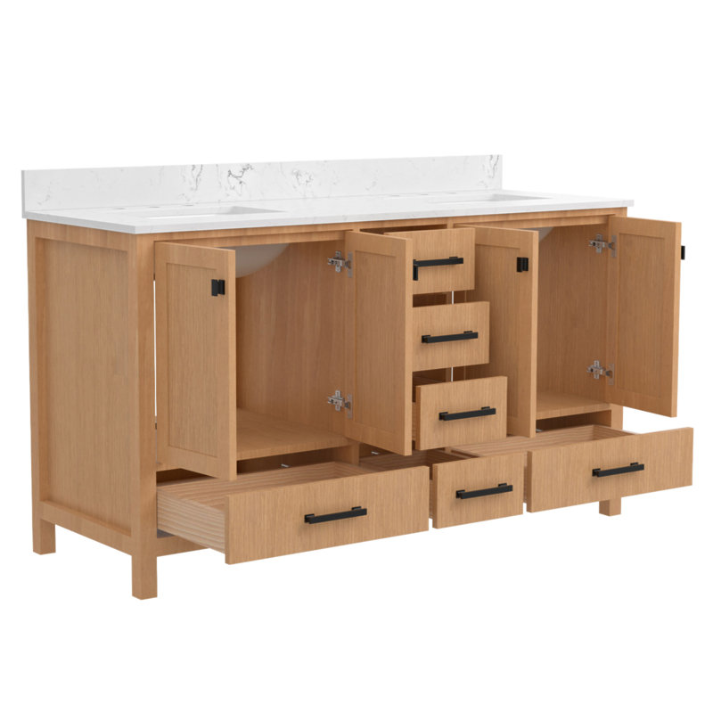Meuble-lavabo 60 po, meuble-lavabo avec cadre en bois massif, comptoir autoportant avec double cuve, Chêne, 60"