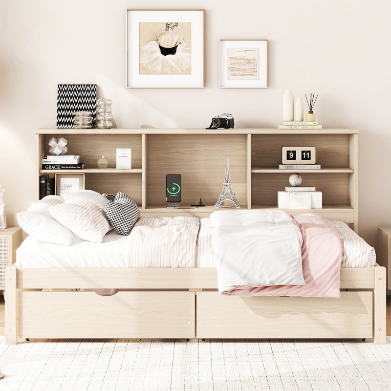 Structure de lit simple de couleur naturelle avec compartiments latéraux, tablettes modernes, 2 tiroirs, douille
