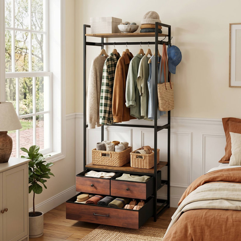 Freestanding Clothes Rack, Reinforced Metal Frame, Multi-Functional Storage Shelves & Smooth Pull-Out Drawers, Extra Side Hanging Hooks, Suitable For Bedroom, Closet