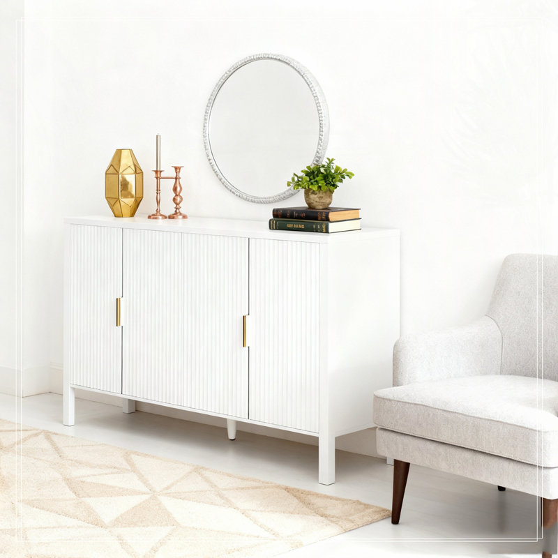 Armoire de rangement 57,5 po à portes rayées, buffet à 4 portes avec supports de rangement à l'arrière et crochets latéraux, tablettes réglables