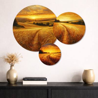 Paysage champêtre au coucher du soleil I - Ensemble de 3 panneaux d'art mural en métal