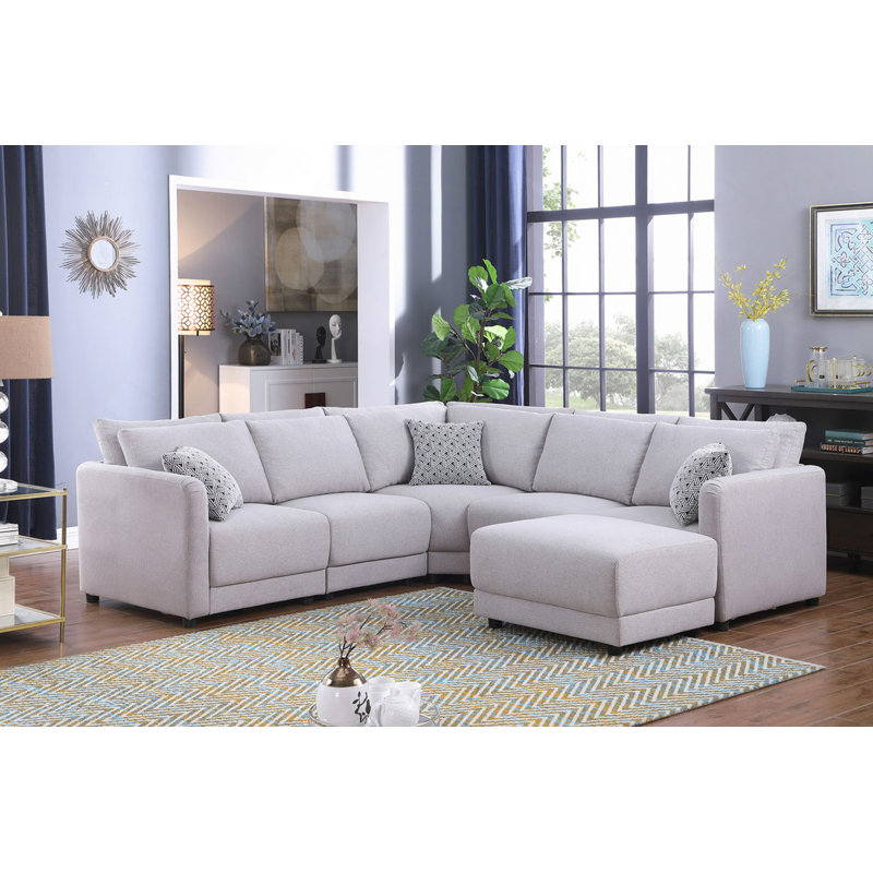 Canapé modulaire, canapé modulaire réversible en tissu de lin gris clair avec repose-pieds et coussins 94,5 po