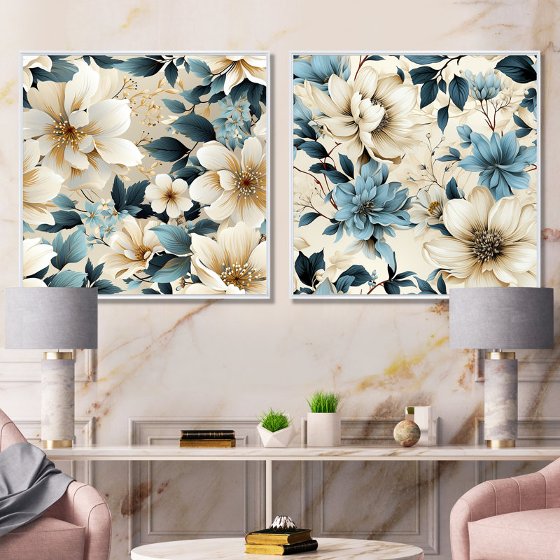 «Sandy Beige and Blue Hydrangea Tranquility», ensemble de 2 reproductions d'art sur toile florales, Cadre blanc
