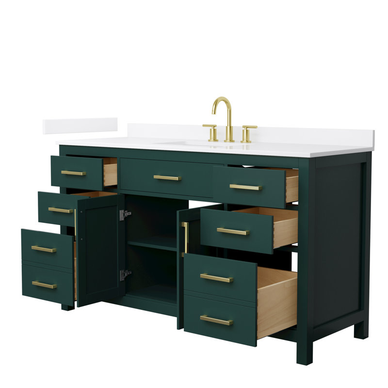Beckett 60" Freestanding Single Bathroom Vanity with Quartz Top, Brushed Gold, White Quartz, Green
