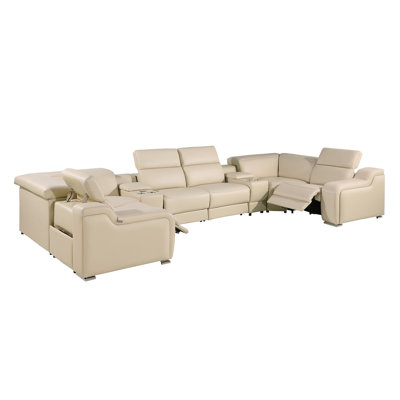 Beige Italian Leather Power Reclining U Shaped Eight Piece Corner Sectional With Console
