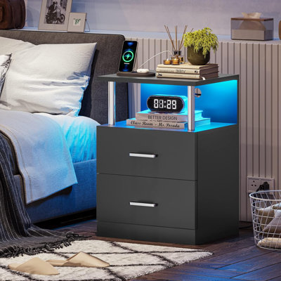 Black Nightstand with Charging Station and USB Ports, LED Night Stand with 2 Drawers, Modern End Side Tables with Open Storage, Bedside Tables for Bedroom, Office