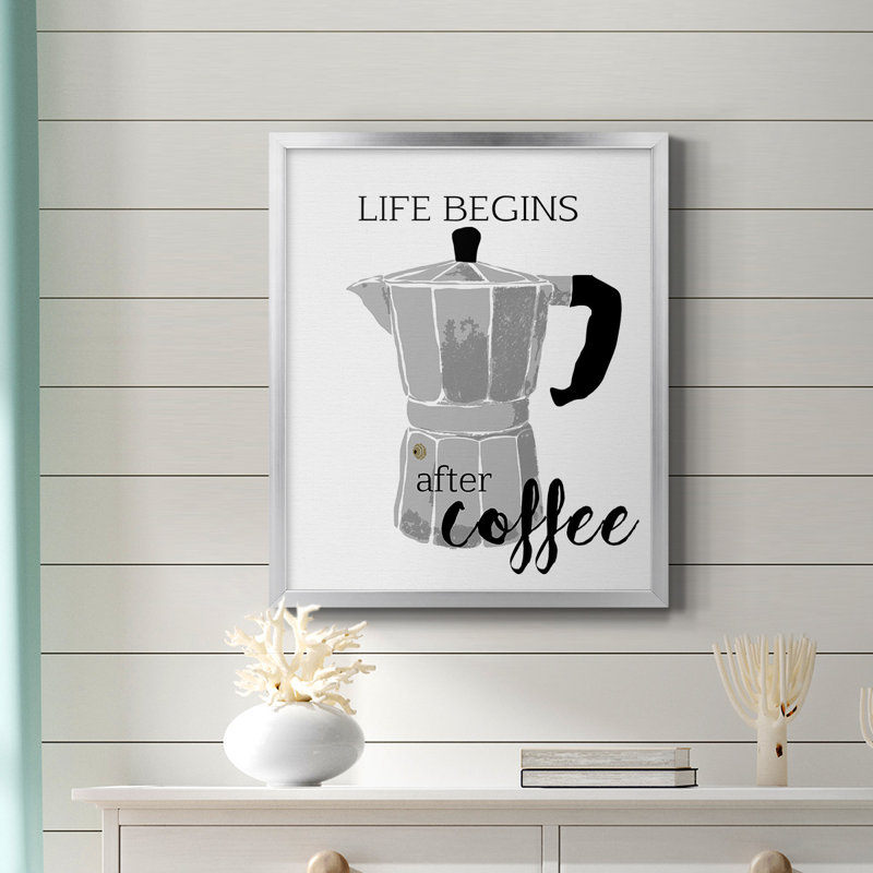 Begins After Coffee, toile encadrée de qualité supérieure - prête à être accrochée, Argent, H 24 po x l 20 po