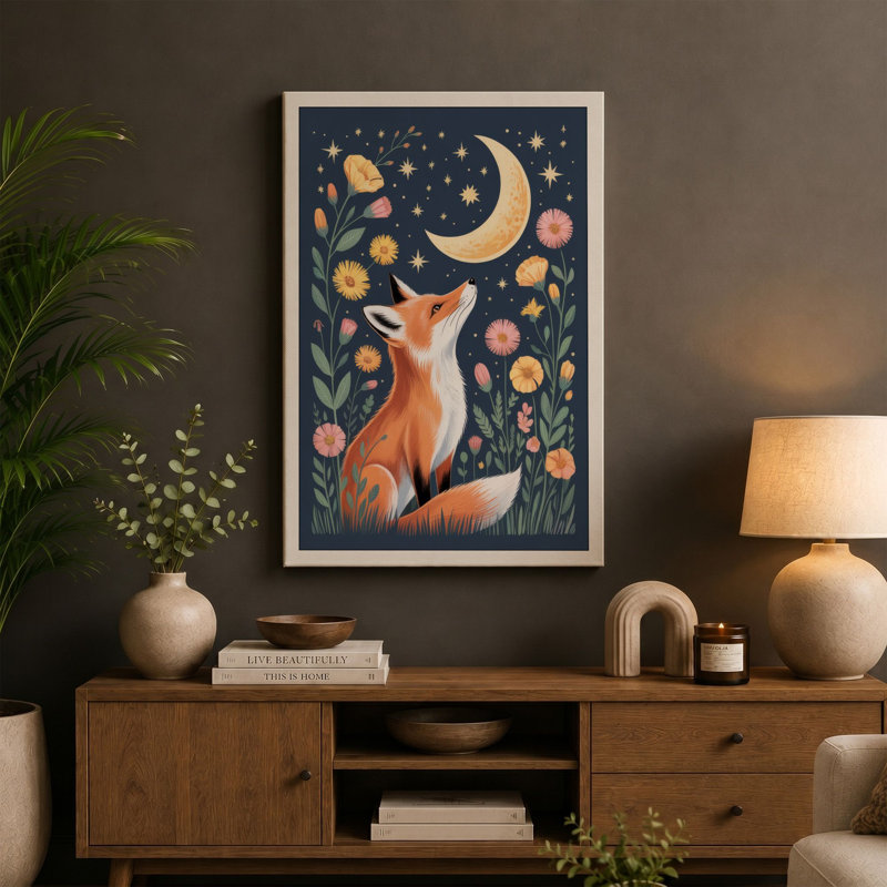 Fox Under Moonlight Boho - Wrapped Canvas, 30x20 - 76.2 x 50.8 cm, Ochre Border