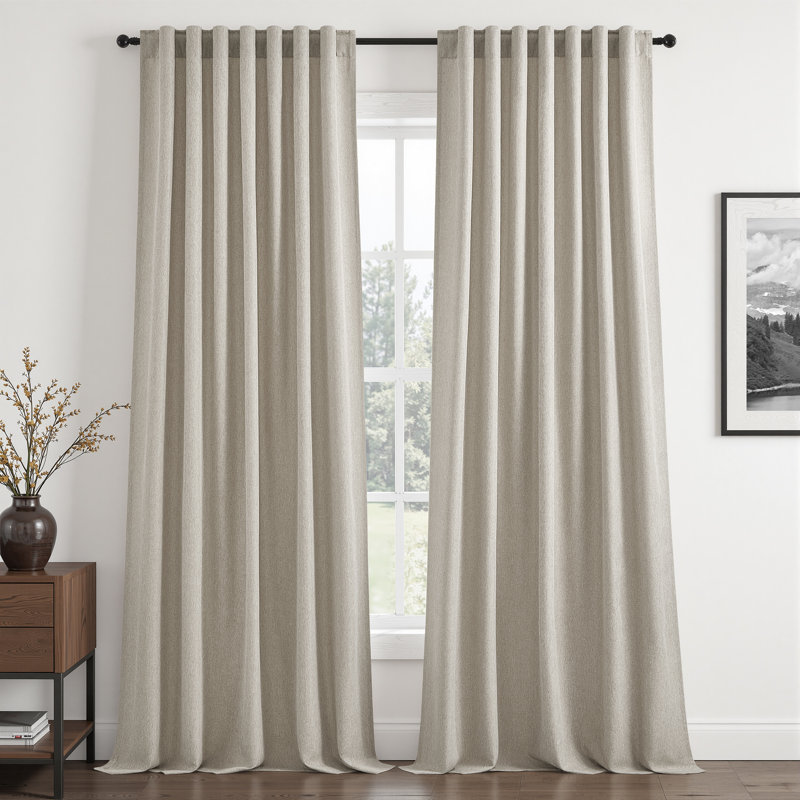 Linen Textured Farmhouse Semi Sheer Window Curtain,Back Tab Hooks Drapes,Pleated Heading Tape (Set of 2 With Hooks), Linen