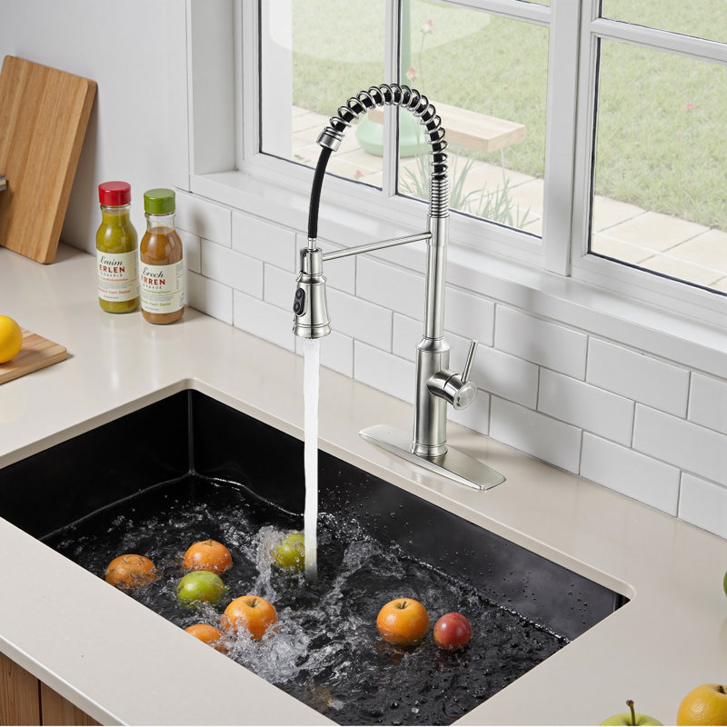 Robinet de cuisine rétractable à poignée simple avec accessoires, Nickel brossé