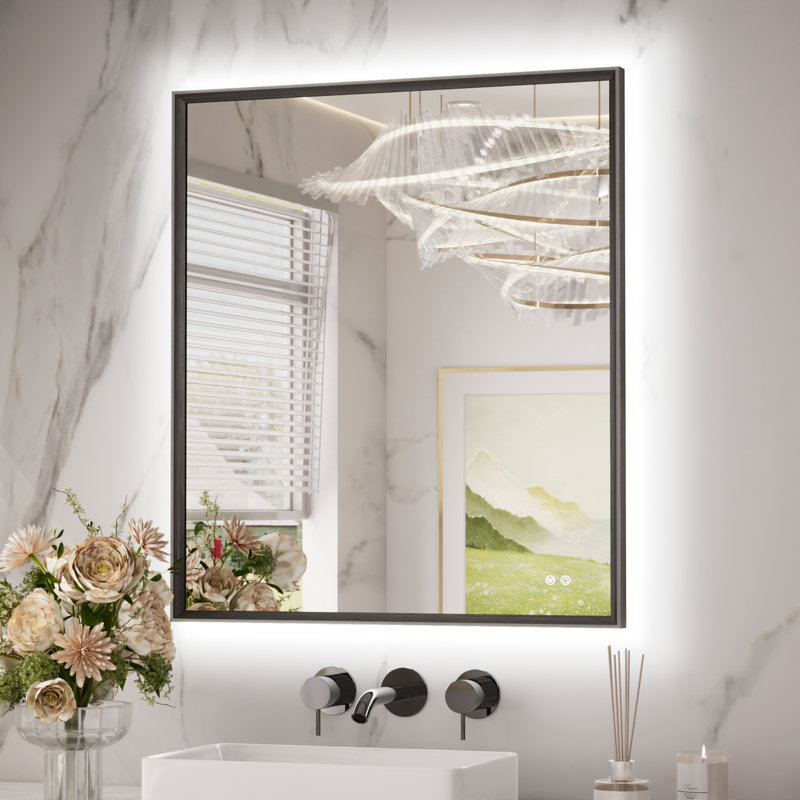 Miroir de salle de bain à DEL avec rétroéclairage, miroir de meuble-lavabo, bord biseauté avec cadre en métal, 3 lumières de couleur, désembuage sécuritaire