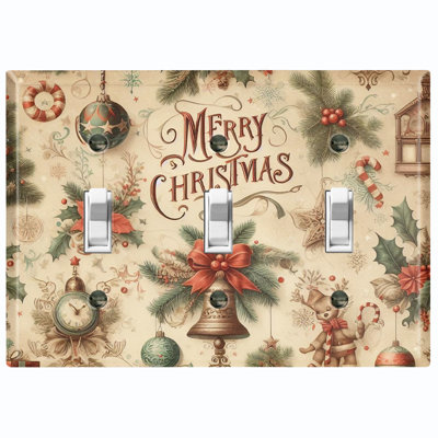 Metal Light Switch Plate Outlet Cover (Merry Christmas Festive Ornaments - Triple Toggle)