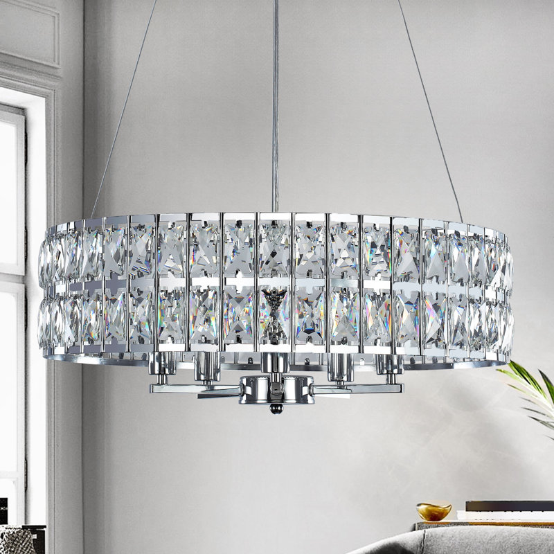 Lustre tambour en cristal à 5 lumières à intensité variable, Chrome chrome