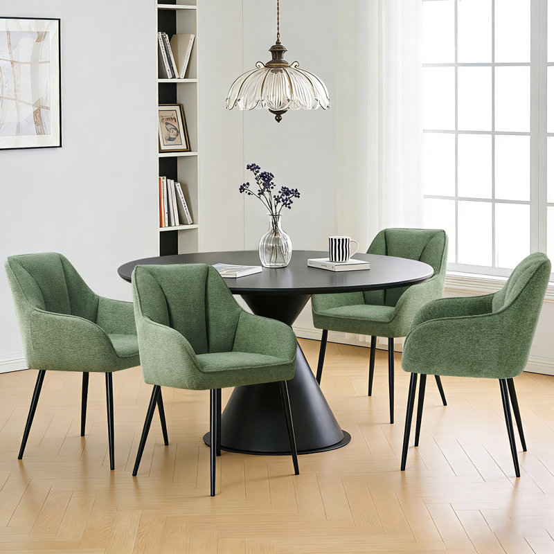 Scandinavian Soft Textured Armchair Upholstered with Thickened Cushion Dining Chair, 4, Sage Moss