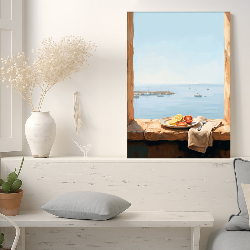 Art mural sur toile, tranche d'agrumes sur rebord de pierre surplombant le port, 18"H x 12"W