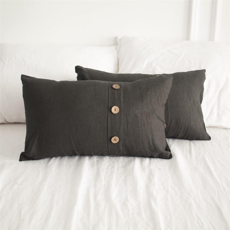 100% Linen Lumbar Pillow Cover 12 X 20 Inch Set Of 2 Rectangular Decorative Pillow Cover With Vintage Triple Coconut Button
