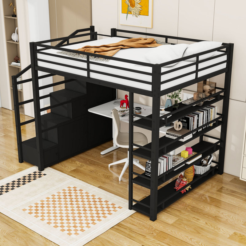 Grand lit mezzanine en métal avec tablettes et garde-robe