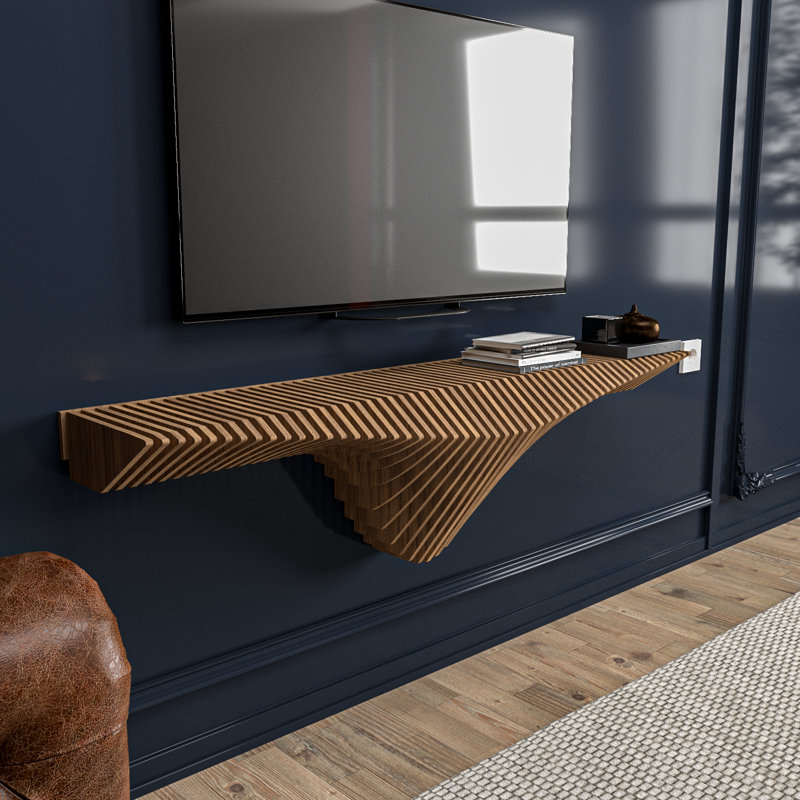 Bembry 50 Inch Floating Shelf Tv Unit Modern Geometric Wooden Wall Piece Decor Natural Oak 3d Wavy Living And Gaming Room Shelf
