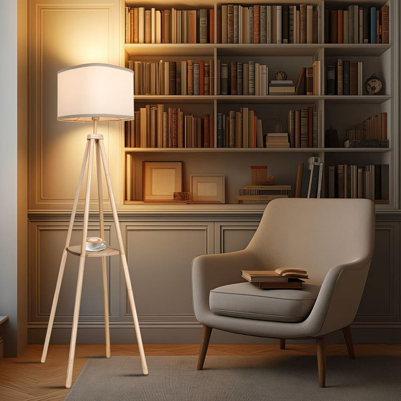 64In Wood Tetrapod Floor Lamp Dimmable With Shelves, Remote Control, Mid Century Standing Lamp For Bedroom