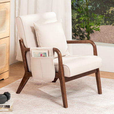 26" Wide Mid Century Upholstered Solid Wood Accent Chair With Extra Pillow & Storage Pocket