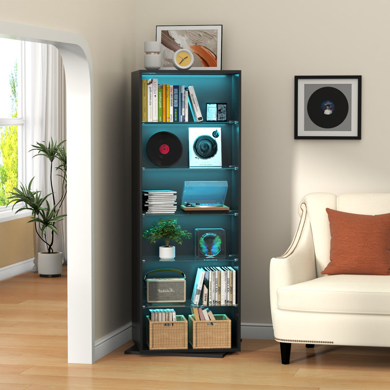 Bibliothèque rotative avec lumière à induction, bibliothèque rotative à 360 degrés sur 6 niveaux avec tablette réglable, Noir