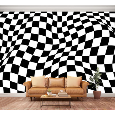 Wall Mural Peel and Stick Black white checkered wavy mosaic geometric chess retro abstract 3D Large Wallpaper Self-Adhesive Removable Contact Paper Wall Decor for Living Room Bedroom Nursery 100"H x 144"W