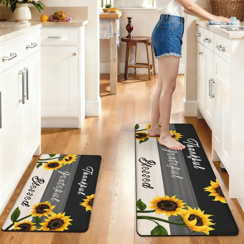 Tapis de cuisine tournesol à motif de remerciements pour cuisine et maison de campagne, noir et jaune, 2 pièces
