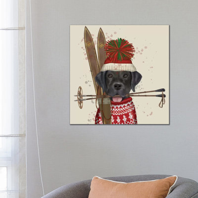 Black Labrador, Skiing by Fab Funky - Wrapped Canvas Print
