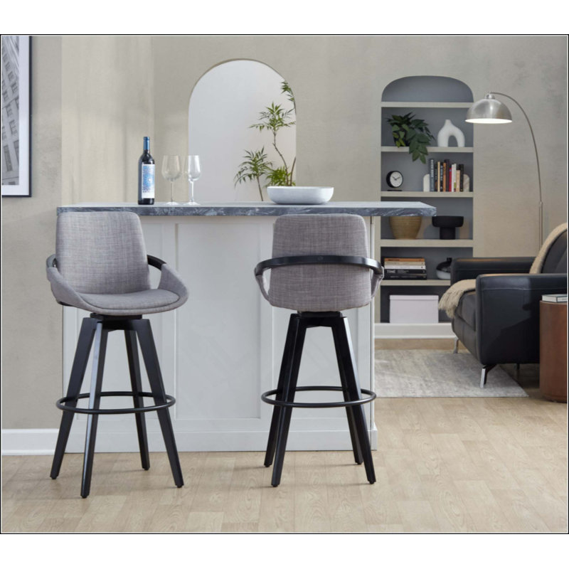 Tabouret de bar à hauteur fixe avec pivot en bois avec repose-pieds rond en métal - ensemble de 2, Siège gris / cadre noir