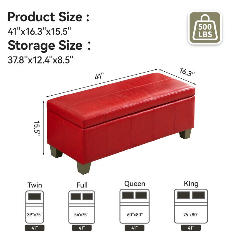Banc de rangement rembourré en similicuir de 41 po de largeur, Rouge, H 15,5 po x l 41 po x P 16,3 po
