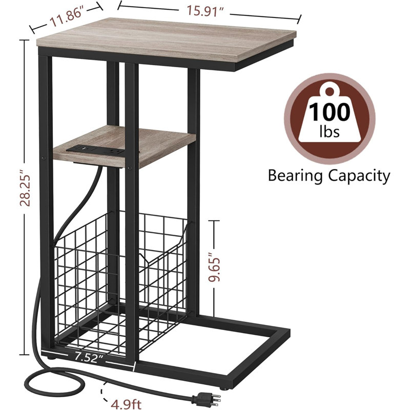 C Shaped End Table with Charging Station, Side Table for Couch, Small Side End Table