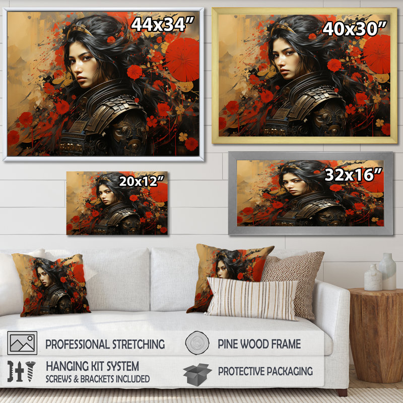 Japon Art Silent Samurai Woman II - Japanese Canvas Art Print, 34" H x 44" W, Cadre flottant blanc