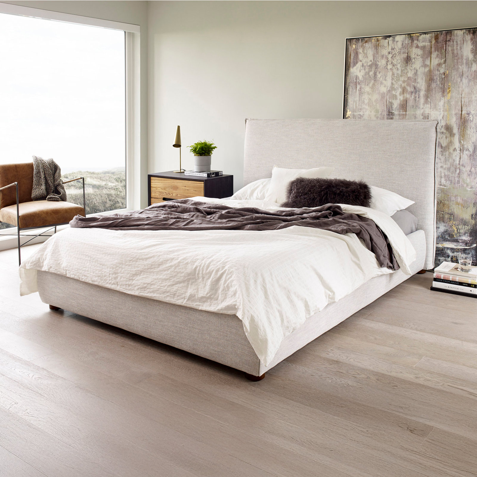 Timothy Upholstered Low Profile Platform Bed, King, Light Gray Basketweave, 54