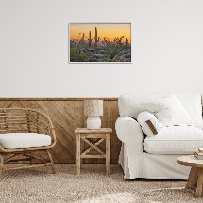 Coucher de soleil, paysage de cactus, estampe numérique par Marty Hulsebos, Estampe numérique encadrée blanc bord de mer