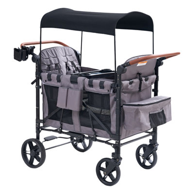 Stroller Wagon For 4 Kids, 4 Seater Wagon Stroller With Snack Tray, Large Storage Bag, Phone Cup Holder, Removable Canopy, Foldable Wagon Stroller 4 Seater With Adjustable Push Handles