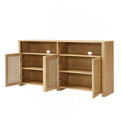 63" Mid Century Modern Rattan Sideboard Buffet Cabinet With Storage, Retro Coffee Bar Wine Bar Credenza, Large Media Console Table For Living Room/Entryway/Kitchen, Natural
