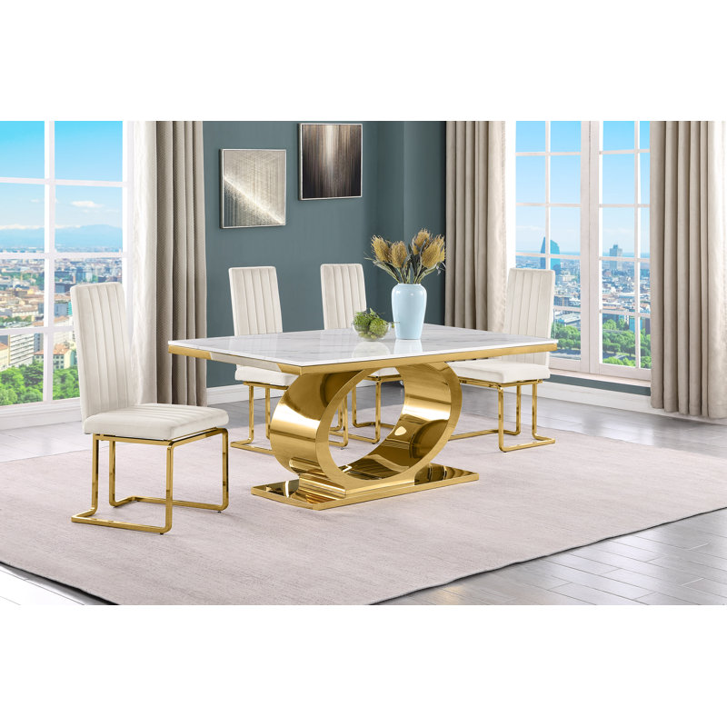 Zudais Marble Top Pedestal Dining Set, 5, Cream/Gold, Gold