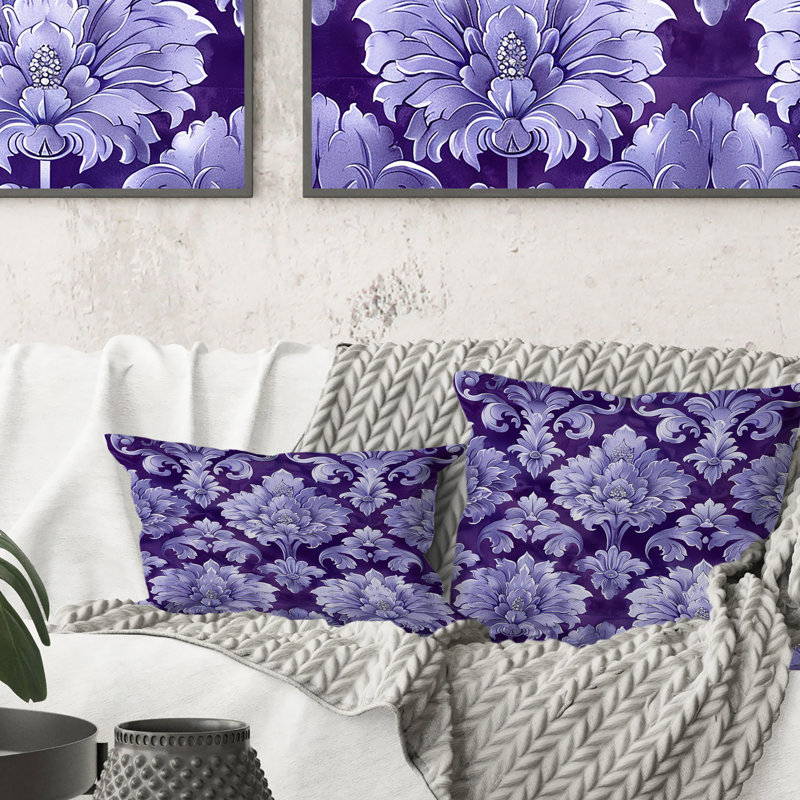 Purple Silver Damask Beauty III - Traditional Throw Pillow, 16"H x 16"W