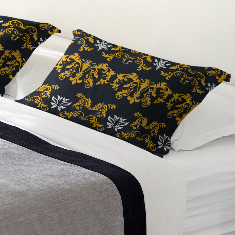 Football Baroque Pattern Pillow Sham, Microfiber, King, Black/Gold/White