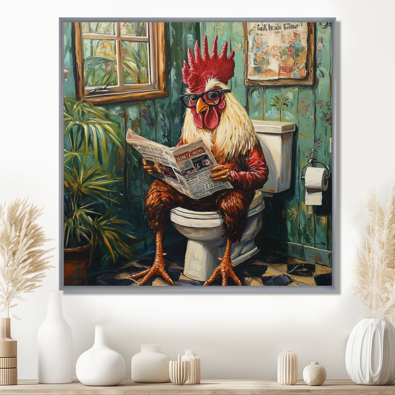 Kendalynn, coq lisant un journal dans la toilette I - coq, art mural, H 16 po x l 16 po, Impression encadrée flottante