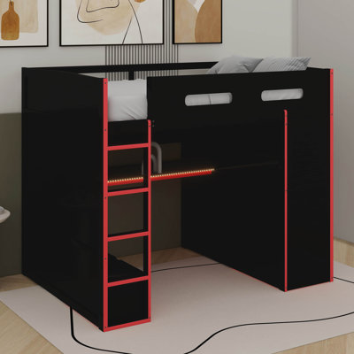 Full Size Wood Loft Bed With Desk,Wardrobe,Ample Storage Space,And RGB LED Light